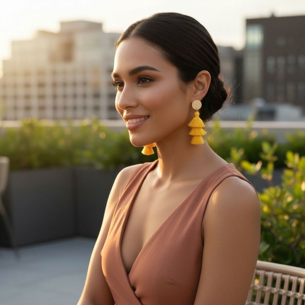 Yellow Multi Layered Boho Tassel W/Gold Disc Accent Statement Earrings